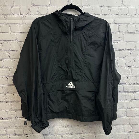 adidas Jackets & Blazers - Adidas Black Windbreaker Hooded Half Zip Kangaroo Logo Pocket Medium Layers